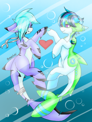 Size: 768x1024 | Tagged: safe, artist:midnightglow20, imported from derpibooru, oc, oc only, original species, shark, shark pony, blue background, blue mane, bubble, commission, crepuscular rays, dorsal fin, fish tail, gills, heart, looking at each other, ocean, pink eyes, signature, simple background, smiling, sunlight, swimming, tail, underwater, water, ych result