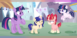 Size: 2900x1464 | Tagged: safe, artist:moonnightshadow-mlp, imported from derpibooru, twilight sparkle, oc, oc:afterlight sentry, oc:afternoon dusk, oc:starfall sentry, alicorn, pegasus, pony, unicorn, female, filly, offspring, parent:flash sentry, parent:starlight glimmer, parent:sunburst, parent:twilight sparkle, parents:flashlight, parents:starburst, twilight sparkle (alicorn)