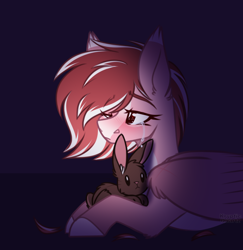 Size: 982x1010 | Tagged: safe, artist:krypticquartz, imported from derpibooru, oc, oc only, pegasus, pony, rabbit, animal, blushing, crying, cuddling, dark, ear fluff, feather, female, frown, hug, lidded eyes, lying down, mare, one eye closed, prone, sad, solo, wing fluff, wings, wink