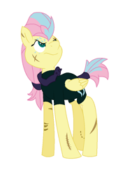 Size: 752x944 | Tagged: safe, artist:sunmint234, imported from derpibooru, fluttershy, pegasus, pony, comic:the storm kingdom, my little pony: the movie, alternate universe, angry, clothes, crystal, dress, guard, movie, outfit, simple background, solo, stripe, suit, timeline, unamused, white background