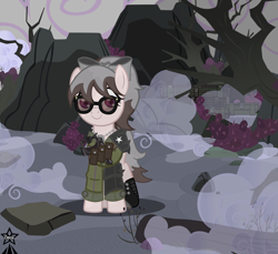 Size: 4148x3806 | Tagged: safe, artist:devorierdeos, imported from derpibooru, oc, oc only, oc:mousehilda, earth pony, fallout equestria, armor, army, boxes, cactus, clothes, cloud, dry trees, earth pony oc, fog, glasses, gun, handgun, log, military uniform, pistol, pouch, ribbon, stone, tree, uniform, valley