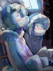 Size: 1500x2000 | Tagged: safe, artist:alexsvnn, imported from derpibooru, oc, oc only, pony, unicorn, blushing, clothes, hoodie, snow, snowflake, winter