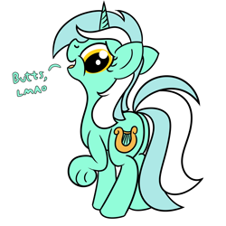 Size: 2000x2000 | Tagged: safe, artist:dafiltafish, imported from derpibooru, lyra heartstrings, pony, unicorn, butt, butts, dialogue, female, high res, horn, looking back, lyrebutt, mare, open mouth, open smile, plot, raised hoof, simple background, smiling, solo, standing, tail, text, two toned mane, two toned tail, underhoof, white background, yellow eyes