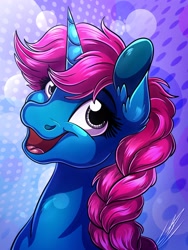 Size: 3000x4000 | Tagged: safe, artist:lupiarts, imported from derpibooru, oc, oc only, pony, unicorn, braid, bust, ear fluff, high res, horn, open mouth, open smile, smiling, solo, unicorn oc