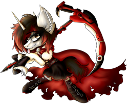 Size: 3492x2880 | Tagged: safe, artist:beamybutt, imported from derpibooru, oc, oc only, pony, unicorn, clothes, cosplay, costume, dress, ear fluff, high res, horn, rwby, scythe, simple background, smiling, solo, transparent background, unicorn oc