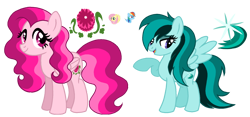 Size: 1840x863 | Tagged: safe, artist:madlilon2051, imported from derpibooru, oc, oc only, pegasus, pony, base used, duo, eyelashes, female, magical lesbian spawn, mare, offspring, parent:fluttershy, parent:rainbow dash, parents:flutterdash, pegasus oc, raised hoof, simple background, smiling, transparent background, wings