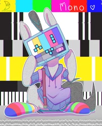 Size: 970x1200 | Tagged: safe, artist:wavecipher, imported from derpibooru, oc, oc only, oc:mono, earth pony, pony, aesthetics, cable, clothes, no signal, object head, sitting, socks, solo, static, television, webcore