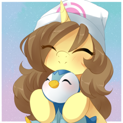 Size: 1200x1200 | Tagged: safe, artist:loyaldis, imported from derpibooru, oc, oc:astral flare, piplup, pony, unicorn, beanie, cute, daaaaaaaaaaaw, female, hat, pokémon, shining pearl, smiling