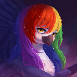 Size: 2400x2400 | Tagged: safe, artist:inarimayer, imported from derpibooru, oc, oc only, griffon, bust, chest fluff, female, griffon oc, high res, lidded eyes, looking at you, multicolored hair, not rainbow dash, rainbow hair, smiling, smiling at you, solo