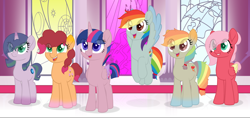 Size: 4750x2239 | Tagged: safe, artist:fawnroseyt, imported from derpibooru, oc, oc only, oc:cupcake, oc:diamond clarity, oc:dusk sentry, oc:jazz apple, oc:ruby frost, oc:zap apple, alicorn, dracony, earth pony, hybrid, pegasus, pony, unicorn, base used, eye clipping through hair, female, interspecies offspring, magical lesbian spawn, mare, next generation, offspring, open mouth, parent:applejack, parent:big macintosh, parent:cheese sandwich, parent:fluttershy, parent:pinkie pie, parent:rainbow dash, parent:rarity, parent:spike, parents:appledash, parents:cheesepie, parents:fluttermac, parents:sparity, throne room