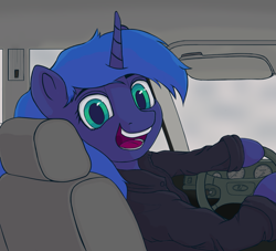 Size: 1739x1580 | Tagged: safe, artist:sv37, imported from derpibooru, princess luna, alicorn, pony, car, car interior, clothes, looking at you, meme, ponified, ponified meme, shirt, smiling