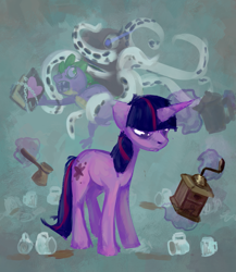 Size: 1393x1607 | Tagged: safe, artist:yarugreat, imported from derpibooru, spike, twilight sparkle, dragon, pony, unicorn, book, cezve, coffee grinder, coffee mug, magic, monster, mug, tabun art-battle, telekinesis, tentacles, unicorn twilight