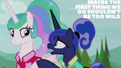 Size: 1280x720 | Tagged: safe, edit, edited screencap, editor:quoterific, imported from derpibooru, screencap, princess celestia, princess luna, alicorn, pony, between dark and dawn, season 9, clothes, female, mare, open mouth, ponytail, royal sisters, shirt, siblings, sisters