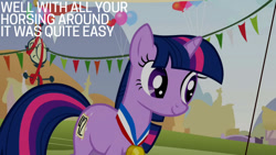 Size: 1280x720 | Tagged: safe, edit, edited screencap, editor:quoterific, imported from derpibooru, screencap, twilight sparkle, pony, unicorn, fall weather friends, season 1, female, mare, medal, smiling, solo, unicorn twilight