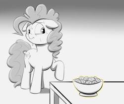 Size: 3445x2895 | Tagged: safe, artist:heretichesh, imported from derpibooru, pinkie pie, pony, aura, brussel sprouts, high res, monochrome, nervous, simple background, sketch, solo, sweat, sweating profusely, table