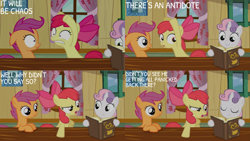 Size: 1280x720 | Tagged: safe, edit, edited screencap, editor:quoterific, imported from derpibooru, screencap, apple bloom, scootaloo, sweetie belle, earth pony, pegasus, pony, unicorn, hearts and hooves day (episode), season 2, apple bloom's bow, book, bow, caption, clubhouse, crusaders clubhouse, curtains, cutie mark crusaders, eye contact, eyes closed, female, filly, floppy ears, foal, green eyes, grin, gritted teeth, hair bow, horn, looking at each other, looking at someone, open mouth, orange eyes, purple eyes, red mane, red tail, shrunken pupils, smiling, tail, text, trio, two toned mane, window