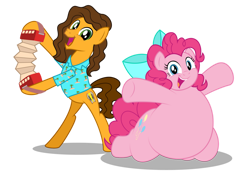 Size: 1600x1111 | Tagged: safe, artist:aleximusprime, imported from derpibooru, cheese sandwich, pinkie pie, earth pony, pony, bow, clothes, duo, fat, female, hair bow, male, mare, obese, open mouth, piggy pie, pudgy pie, simple background, stallion, transparent background