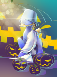 Size: 2048x2732 | Tagged: safe, artist:blue ink, imported from derpibooru, oc, oc only, oc:blue ink, pony, beard, bucket, facial hair, halloween, high res, holiday, jack-o-lantern, pumpkin, short tail, solo, tail