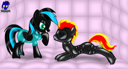 Size: 7680x4154 | Tagged: safe, alternate version, artist:damlanil, imported from derpibooru, oc, oc:fireheart(fire), oc:nightlight aura, bat pony, hybrid, pegasus, pony, blindfold, bondage, bondage mask, catsuit, clothes, collar, commission, duo, female, gag, gimp suit, grin, happy, high heels, hood, latex, latex suit, lock, male, mare, muzzle gag, padded cell, padlock, pegabat, rubber, shiny, shiny mane, shoes, show accurate, smiling, stallion, story, suit, vector, wings, zipper, zippermouth