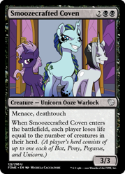 Size: 375x523 | Tagged: safe, artist:michela cacciatore, edit, idw, imported from derpibooru, unicorn, spoiler:comicgenerations01, black belle, ccg, magic the gathering, my little pony: generations, shadow storm, trading card, trading card edit, violet shiver