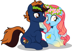 Size: 2133x1526 | Tagged: safe, artist:stellardusk, imported from derpibooru, oc, oc only, oc:bluesliver, oc:vibrashy, pegasus, pony, unicorn, derpibooru community collaboration, 2022 community collab, colored wings, eyebrows, eyebrows visible through hair, female, floral head wreath, flower, gradient legs, gradient mane, gradient tail, gradient wings, hair tie, horn, male, mare, open mouth, open smile, pegasus oc, shadow, simple background, sitting, smiling, spread wings, stallion, tail, transparent background, two toned mane, two toned tail, unicorn oc, wings