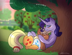 Size: 2000x1550 | Tagged: safe, artist:starscraped, imported from derpibooru, applejack, rarity, earth pony, unicorn, apple, apple tree, blushing, cuddling, female, lesbian, rarijack, shipping, sweet apple acres, tree