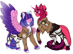 Size: 2935x2172 | Tagged: safe, artist:malinraf1615, imported from derpibooru, oc, oc only, oc:estella sparkle, oc:venus red heart, alicorn, human, pony, unicorn, alicorn oc, alternate hairstyle, attack on titan, belt, chest fluff, clothes, cosplay, costume, crossover, duo, eren jaeger, female, glasses, grin, hair over eyes, heart eyes, high res, horn, jacket, leg fluff, mare, markings, multicolored hair, offspring, pants, parent:flash sentry, parent:twilight sparkle, parents:flashlight, plushie, raised hoof, raised leg, shirt, shorts, simple background, size difference, smiling, transparent background, underhoof, unshorn fetlocks, wingding eyes, wings