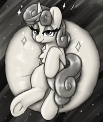 Size: 1446x1708 | Tagged: safe, artist:llametsul, imported from derpibooru, oc, oc only, pony, unicorn, bedroom eyes, chest fluff, eyelashes, looking at you, monochrome, not sweetie belle, sketch, smiling, solo, sparkles, underhoof