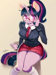 Size: 2000x2667 | Tagged: safe, artist:mrscurlystyles, imported from derpibooru, twilight sparkle, anthro, unicorn, adorasexy, alternate hairstyle, big breasts, blushing, breasts, busty twilight sparkle, clothes, curvy, cute, eyebrows, eyebrows visible through hair, eyelashes, glasses, hair tie, high res, hourglass figure, knees pressed together, kneesocks, legs, looking at you, meganekko, miniskirt, necktie, nerd, plaid skirt, ponytail, round glasses, school uniform, schoolgirl, sexy, simple background, sitting, skirt, smiling, smiling at you, socks, solo, stupid sexy twilight, sweater, sweater puppies, thighlight sparkle, thighs, thunder thighs, twiabetes, unicorn twilight, wide hips, zettai ryouiki