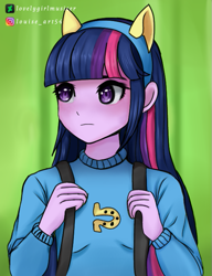 Size: 531x693 | Tagged: safe, artist:lovelygirlmusicer, imported from derpibooru, twilight sparkle, equestria girls, equestria girls (movie), backpack, blurry background, female, scene interpretation, solo, wondercolts