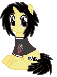 Size: 798x1082 | Tagged: safe, artist:flutteryaylove, imported from derpibooru, oc, oc only, oc:lusshy aragrev, pony, unicorn, derpibooru community collaboration, 2022 community collab, black mane, black tears, brown eyes, clothes, horn, looking at you, png, simple background, sitting, smiling, solo, tail, transparent background, unicorn oc
