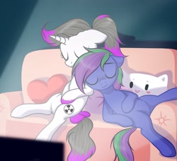 Size: 3000x2730 | Tagged: safe, artist:kim0508, imported from derpibooru, oc, oc only, oc:hazel radiate, oc:lishka, pegasus, pony, unicorn, bow, cat pillow, colored hooves, commission, commissioner:biohazard, couch, duo, eyebrows, eyelashes, eyes closed, female, floppy ears, heart, heart pillow, high res, highlights, horn, mare, pegasus oc, pillow, ponytail, sitting, sitting together, sleeping, sleeping together, smiling, tail, tail bow, television, two toned mane, two toned tail, unicorn oc, unshorn fetlocks, ych result