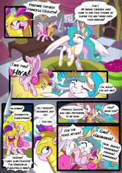 Size: 2894x4093 | Tagged: safe, artist:lummh, imported from derpibooru, princess cadance, princess celestia, alicorn, pony, armor, armored pony, aunt and niece, bonk, canterlot castle, clothes, comics, cosplay, costume, cute, cutedance, duo, duo female, eyes closed, female, glowing, glowing horn, grin, happy, helmet, high res, hitting, horn, magic, magic aura, open mouth, open smile, playing, playing dead, smiling, spear, speech bubble, telekinesis, tickling, weapon, young cadance