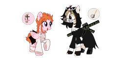Size: 5670x2716 | Tagged: safe, artist:idkhesoff, imported from derpibooru, oc, oc only, oc:angel petals, oc:jezza belle, earth pony, pegasus, pony, anklet, belt, blushing, boots, can, christianity, clothes, crown, dress, duo, ear piercing, earring, energy drink, eyeshadow, face mask, female, fingerless gloves, gloves, jewelry, lesbian, looking at each other, makeup, mare, mask, mismatched socks, monster energy, necklace, nun outfit, oc x oc, open mouth, piercing, playing card, raised hoof, raised leg, regalia, religion, shipping, shoes, simple background, size difference, skirt, socks, stockings, sweater, thigh highs, transparent background