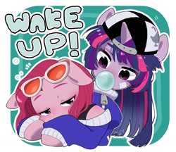 Size: 1970x1702 | Tagged: safe, artist:potetecyu_to, imported from derpibooru, pinkie pie, twilight sparkle, pony, backwards ballcap, bandaid, baseball cap, bubblegum, cap, clothes, duo, floppy ears, food, gum, hat, sunglasses, sweater, tired, zipper