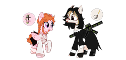 Size: 5670x2716 | Tagged: safe, alternate version, artist:idkhesoff, imported from derpibooru, oc, oc only, oc:angel petals, oc:jezza belle, earth pony, pegasus, pony, anklet, bandaid, belt, blushing, boots, can, christianity, clothes, dress, duo, ear piercing, earring, energy drink, eyeshadow, fangs, female, fingerless gloves, gloves, jewelry, lesbian, lipstick, looking at each other, makeup, mare, mismatched socks, monster energy, necklace, nun outfit, oc x oc, open mouth, piercing, raised hoof, raised leg, religion, shipping, shoes, simple background, size difference, skirt, socks, stockings, sweater, thigh highs, transparent background