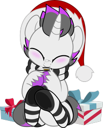 Size: 4021x5000 | Tagged: safe, artist:jhayarr23, imported from derpibooru, oc, oc only, oc:haze rad, pony, unicorn, absurd resolution, blushing, chocolate, christmas, clothes, colored hooves, commission, commissioner:biohazard, cozy, cute, daaaaaaaaaaaw, diabetes, eyes closed, food, hat, highlights, holiday, hoof hold, horn, hot chocolate, male, present, santa hat, scarf, simple background, sitting, smiling, socks, solo, stallion, striped scarf, striped socks, transparent background, underhoof, unicorn oc, unshorn fetlocks, whipped cream, ych result