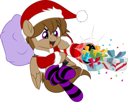 Size: 6162x5000 | Tagged: safe, artist:jhayarr23, imported from derpibooru, oc, oc only, oc:talu gana, pegasus, pony, absurd resolution, action pose, bag, cannon, christmas, christmas clothing, clothes, commission, commissioner:biohazard, confetti, cute, diabetes, furrowed brow, hat, holiday, male, open mouth, open smile, pegasus oc, present, purple eyes, santa hat, simple background, smiling, socks, solo, stallion, striped socks, transparent background, ych result