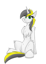 Size: 1450x2000 | Tagged: safe, artist:observerdoz, imported from derpibooru, oc, oc:yellowglaze, pony, unicorn, derpibooru community collaboration, 2022 community collab, belly button, chest fluff, cute, fluffy, looking at you, simple background, solo, transparent background