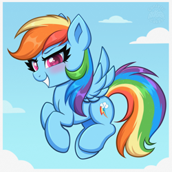 Size: 4000x4000 | Tagged: safe, artist:confetticakez, imported from derpibooru, rainbow dash, pegasus, pony, absurd resolution, blushing, cloud, colored pupils, cute, dashabetes, female, flying, mare, sky, smiling, solo, spread wings, wings