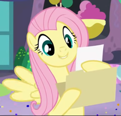 Size: 587x563 | Tagged: safe, imported from derpibooru, screencap, fluttershy, pegasus, pony, party pooped, cropped, cute, file, paper, shyabetes, smiling, solo