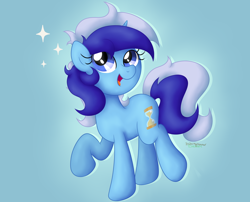 Size: 4362x3533 | Tagged: safe, artist:background basset, imported from derpibooru, minuette, pony, unicorn, cute, female, happy, mare, minubetes, open mouth, open smile, raised hoof, simple background, smiling, solo