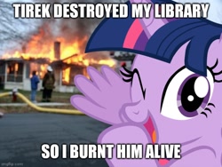 Size: 666x500 | Tagged: safe, edit, imported from derpibooru, twilight sparkle, alicorn, human, pony, caption, dark comedy, fire, image macro, implied death, implied lord tirek, meme, revenge, solo, text, twilight sparkle (alicorn)