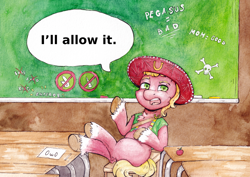 Size: 6204x4386 | Tagged: safe, artist:lightisanasshole, imported from derpibooru, sprout cloverleaf, earth pony, pony, absurd file size, absurd resolution, apple, board, chair, chalk, chalkboard, chest fluff, classroom, clothes, community, crossed legs, ear fluff, food, frown, funny, g5, hoof fluff, ken jeong, leg fluff, looking at you, male, meme, my little pony: a new generation, open mouth, owo, ponified, raised hoof, reference, señor chang, sitting, solo, sombrero, speech bubble, stallion, table, talking, talking to viewer, text, traditional art, vest, voice actor joke, wallpaper, watercolor painting