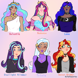 Size: 1280x1280 | Tagged: safe, artist:saltytangerine, imported from derpibooru, princess cadance, princess celestia, princess luna, sunset shimmer, human, alternate hairstyle, choker, clothes, crown, dark skin, dress, ear piercing, earring, eyeshadow, female, grin, humanized, implied lesbian, implied shipping, implied startrix, jacket, jewelry, leather jacket, lipstick, makeup, necklace, one eye closed, open mouth, piercing, regalia, royal sisters, shirt, siblings, sisters, smiling, sweater, t-shirt, wink