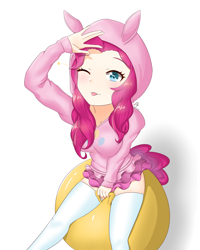 Size: 2800x3508 | Tagged: safe, artist:zoxriver503, imported from derpibooru, pinkie pie, human, clothes, high res, hoodie, humanized, one eye closed, requested art, solo, space hopper, tongue out