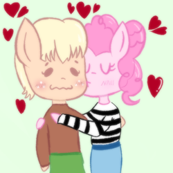 Size: 500x500 | Tagged: safe, artist:kurisunimii, imported from derpibooru, applejack, pinkie pie, applepie, blushing, chibi, cute, female, kissing, lesbian, pastel colors, shipping