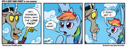 Size: 3375x1238 | Tagged: safe, artist:pony-berserker, imported from derpibooru, discord, rainbow dash, draconequus, pegasus, pony, 2021, cloud, comic, comic strip, duo, female, flying, i don't get it, male, speech bubble, why the long face