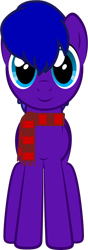 Size: 650x1840 | Tagged: safe, artist:nicogamer3000, imported from derpibooru, oc, oc only, oc:shock script, earth pony, pony, derpibooru community collaboration, 2022 community collab, base used, blue eyes, clothes, earth pony oc, front view, full body, hooves, looking at you, male, scarf, show accurate, simple background, smiling, smiling at you, solo, stallion, standing, striped scarf, transparent background, two toned mane