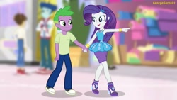 Size: 3642x2048 | Tagged: safe, artist:georgegarza01, imported from derpibooru, curly winds, rarity, some blue guy, spike, wiz kid, equestria girls, equestria girls series, bracelet, canterlot mall, clothes, converse, female, geode of shielding, high res, holding hands, human spike, jewelry, looking at each other, magical geodes, male, pointing, rarity peplum dress, shipping, shirt, shoes, show accurate, sparity, straight